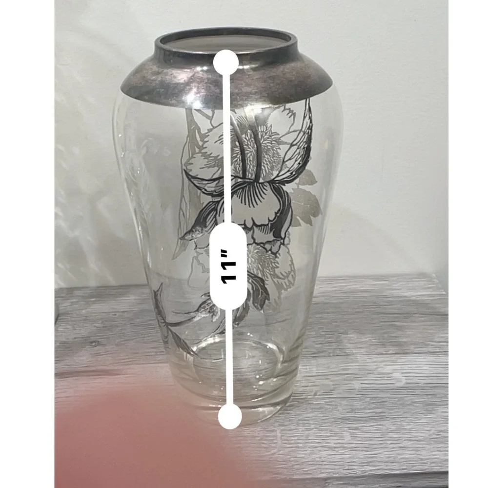 Vintage Silver‎ Overlay Glass Vase Floral Peony Art Nouveau Silver Deposit 11in